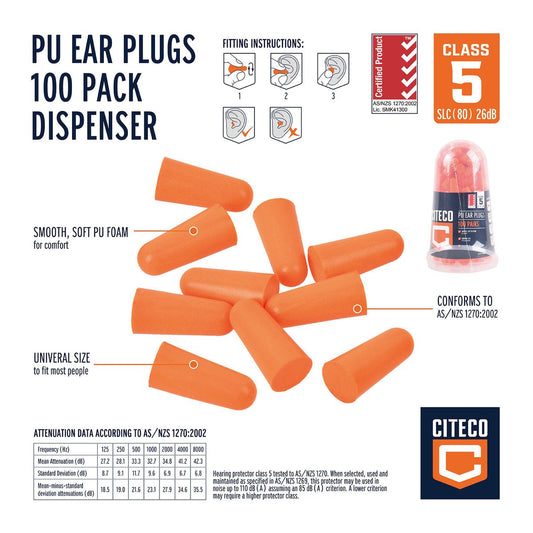 Citeco Class 5 Ear Plugs 100 Pack Dispenser - Noise Reduction 26.1dB - PU Foam – view 2