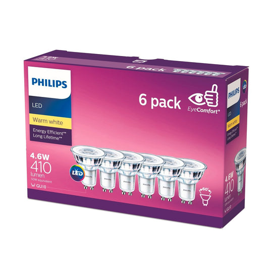 Philips Led Warm White Classic 4 6W GU10 Globe 6 Pack - 410 Lumens - 15,000 Hours