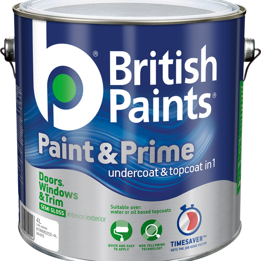 British Paints Paint & Prime - 4L - Semi Gloss - Non-Yellowing Technology - Auzzistore