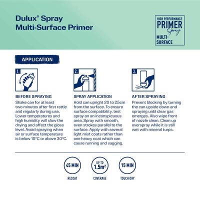 Dulux Spray Paint Multi Surface Primer 340g - Quick-Drying - White