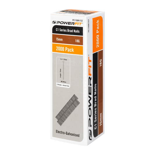 Powerfit 15mm C1 Series Brad Nails - 2000 Pack - Electro Galvanised - Durable - Auzzistore