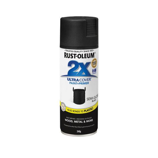 Rust-Oleum 2X Ultra Cover Spray Paint - 340g - Semi Gloss Black - Fast-Drying - Any-Angle Application - Auzzistore