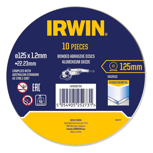 Irwin Metal Cut Off Disc 10pk - 125 x 1.2 x 22mm - Aluminium Oxide - Auzzistore