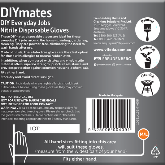 Vileda Ansell Workmates Nitrile Disposable Gloves 36pk M/L - Latex-Free - Powder-Free - Puncture Resistant