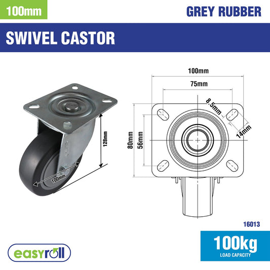 Easyroll Castor - 100mm - Grey Rubber - Heavy Duty Swivel – view 2 - Auzzistore