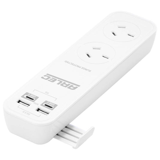 Arlec 2 Outlet Portable Powerboard - PD30W Rapid Charging USB - 55mm x 30mm x 205mm - White