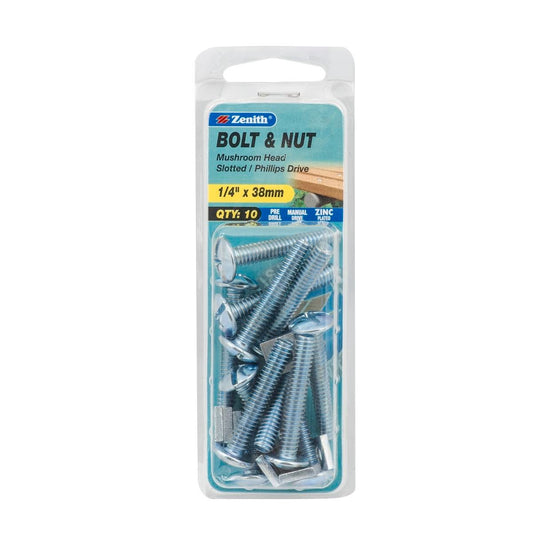 Zenith Mushroom Head Bolt & Nut - 1/4 x 38mm - Zinc Plated - 10 Pack - Auzzistore