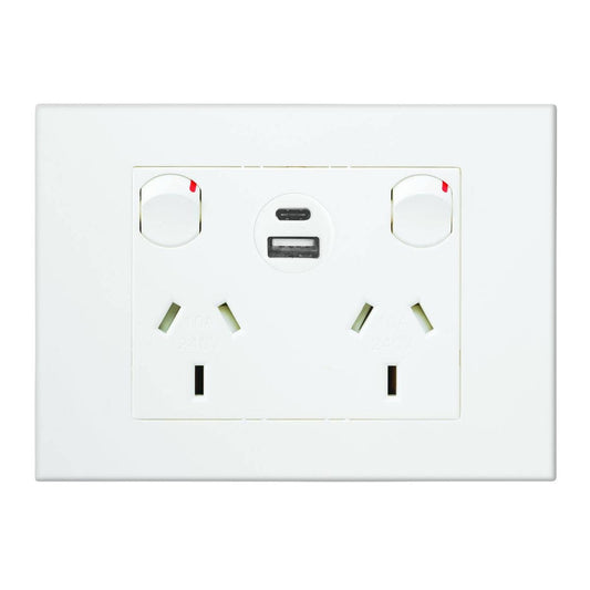Hpm White Vivo Double Powerpoint - 2 Outlets - 15W USB Charger - Compact Design - Auzzistore