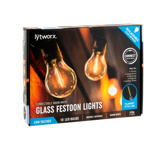 Lytworx 10 Warm White LED Connectable Party Lights 4.5m Glass Bulbs - Auzzistore