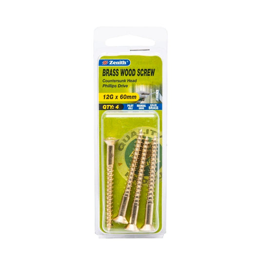 Zenith 12G x 60mm Solid Brass Countersunk Head Wood Screws – 4 Pack - Auzzistore