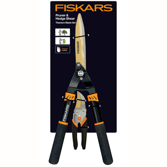 Fiskars Titanium Hedge Shear and Pruner Set 1048180 - 16mm Cutting Capacity - Ergonomic Design - Auzzistore
