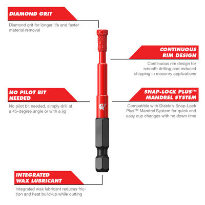 Diablo 3 16" Diamond Grit Hole Saw - Efficient Drilling for Tile, Stone, Glass