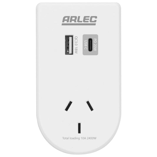 Arlec Power Adaptor with Integrated Phone Mount - Dual USB PD20W - Matt White - 55mm x 100mm x 70mm