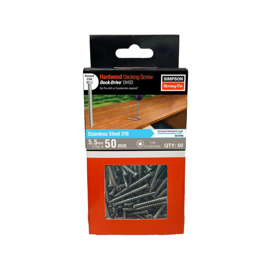Simpson Strong Tie 12g x 50mm Stainless Steel 316 Decking Screw - 50 Pack - No Pre-Drilling - Ribbed Shank - Auzzistore