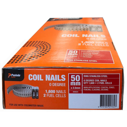 Paslode Impulse Stainless Steel Ring Shank Coil Nails 50 x 2.5mm - 1600 Pack - Auzzistore