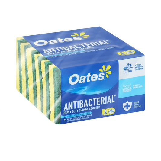 Oates Antibacterial Heavy Duty Sponge Scourers 6 Pack - 100% Cellulose - 130mm x 70mm