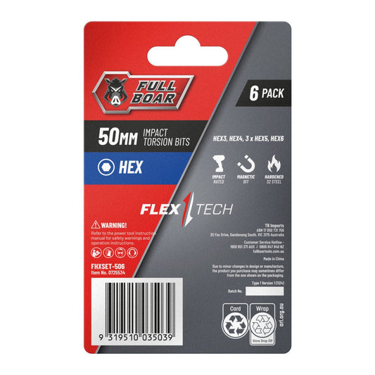 Full Boar Impact Torsion Bit Set - 6 Pack - 50mm - High Torque Durability – view 2 - Auzzistore