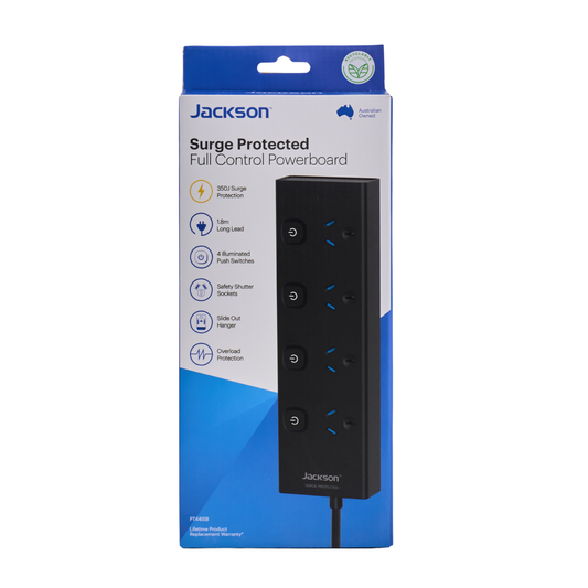 Jackson 4 Outlet Powerboard - 1.8m Lead - Black - Surge Protection - Individual Switches