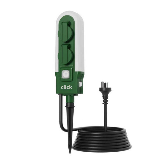 Click 2 Outlet Garden Stake Power Board with Light - 150mm x 600mm - Green - Weather-Resistant