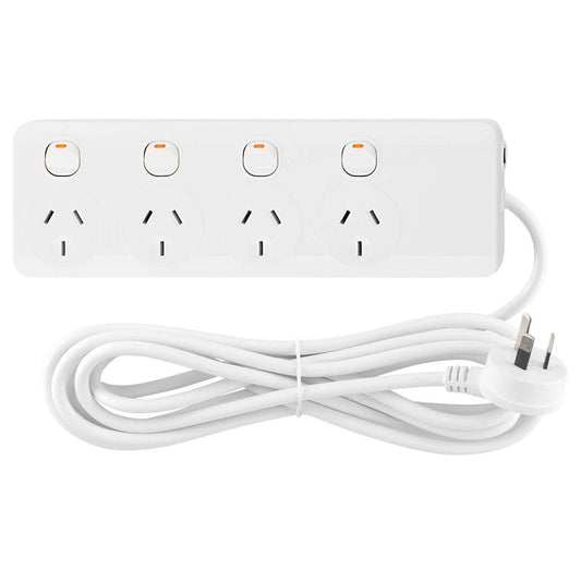 Arlec 4 Outlet Individually Switched Powerboard - 1.8m Lead - White - Safety Overload Protection