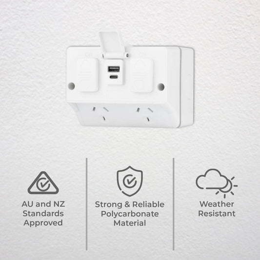 Deta Outdoor Double Power Point - IP54 - 2 Sockets - 3.4A USB - 115mm x 85mm x 83mm – view 2 - Auzzistore