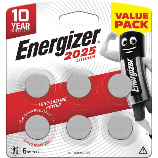Energizer 2025 Lithium Coin Battery 6 Pack - 10 Year Power - Silver