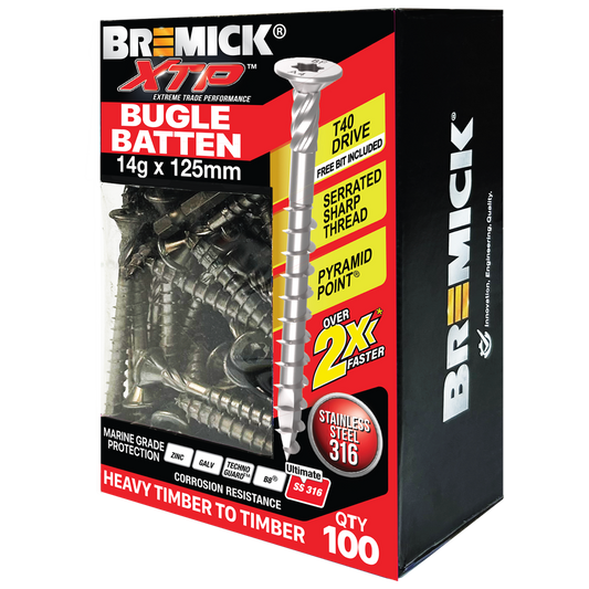 Bremick Xtp Bugle Batten 14g x 125mm T40 Stainless Steel 316 - 100 Pack - Corrosion Resistant - Auzzistore