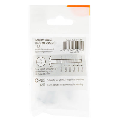 Taskmaster M4 x 50mm Black Snap Off Screw 12 Pack - Fastening Solution