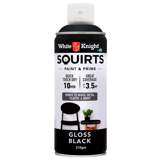 White Knight Squirts Black Gloss Spray Paint 310g Solvent Based Durable