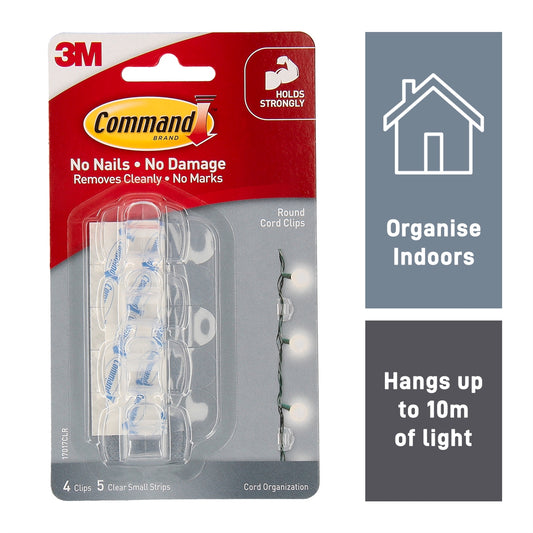 Command Clear Adhesive Round Cord Clips 4 Pack - 5mm - Plastic - Damage-Free
