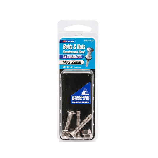 Zenith M6 x 32mm Stainless Steel Countersunk Head Bolt Nut 3 Pack - Auzzistore