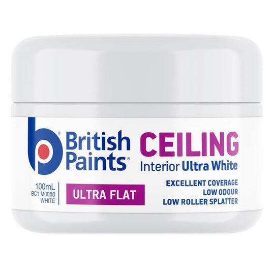 British Paints Ceiling Interior Ultra White 100ml - Water-Based - 16 m²/L Coverage - Auzzistore