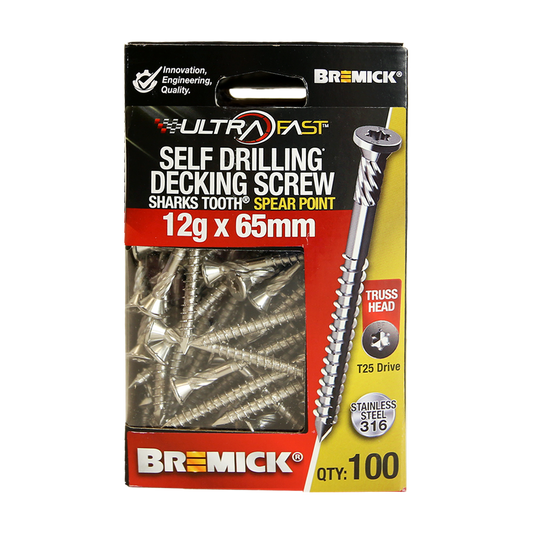 Bremick Ultrafast Stainless Steel 316 T25 Truss Head Screws 100 Pack - 12g x 65mm - Quick Installation – view 2 - Auzzistore