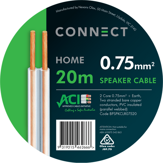 Cable Elect Speaker Cable - 0.75mm x 20m - Clear Sheath - Flexible