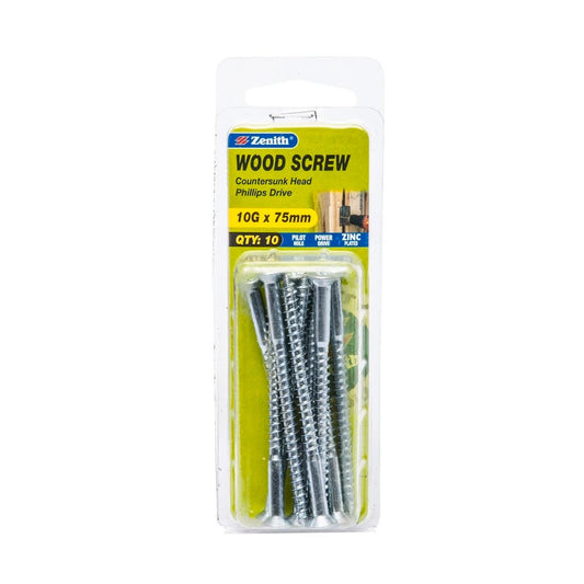 Zenith Countersunk Head Wood Screw - 10g x 75mm - Zinc Plated - 10 Pack - Auzzistore