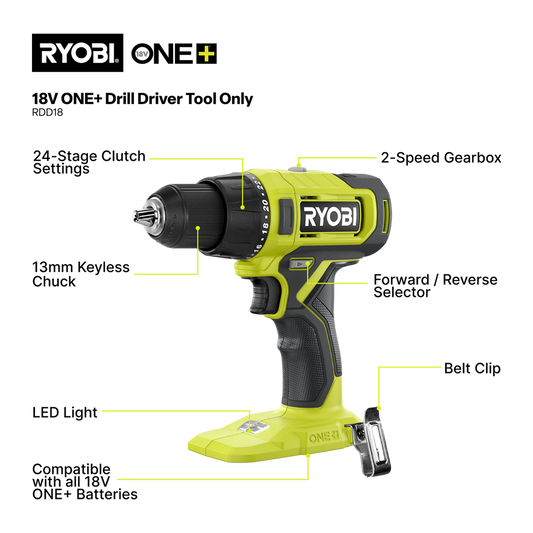 Ryobi 18V One Drill Driver RDD18 - Tool Only - 2-Speed Gearbox - LED Light – view 2 - Auzzistore