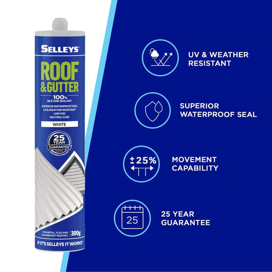 Selleys Roof and Gutter Silicone Sealant - 300g - White - Waterproof, UV Resistant – view 2 - Auzzistore