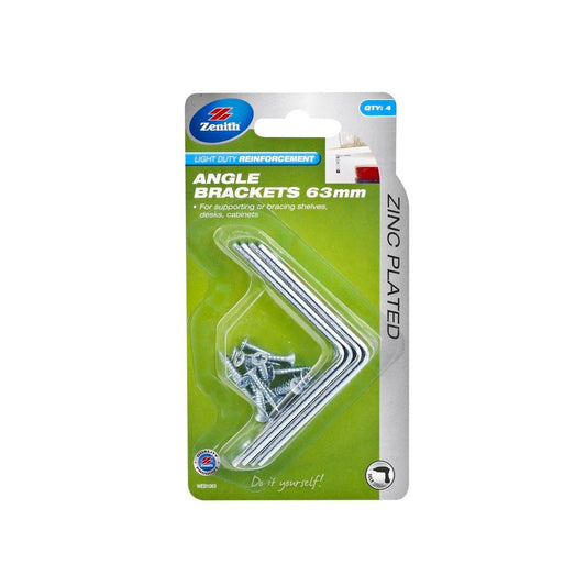 Zenith 63mm Angle Brackets - Zinc Plated - Steel - Corrosion Resistant - Auzzistore
