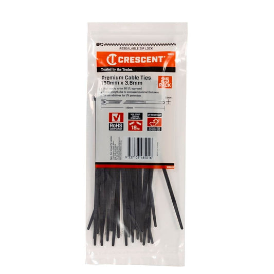 Crescent Cable Ties - 150 x 3 6mm - Black - 25 Pack - Nylon - UV Resistant
