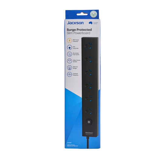 Jackson 6 Outlet Powerboard - 1.8m Lead - Black - Surge Protection - Safety Shutter Sockets