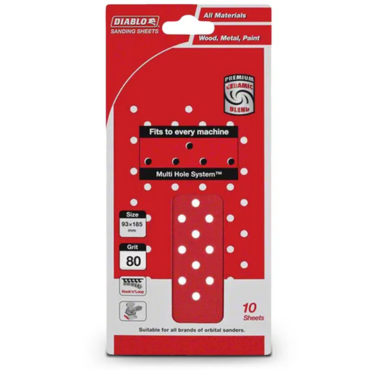 Diablo 80 Grit Abrasive Orbital Sheet 93x185mm 10 Pack Red - Auzzistore