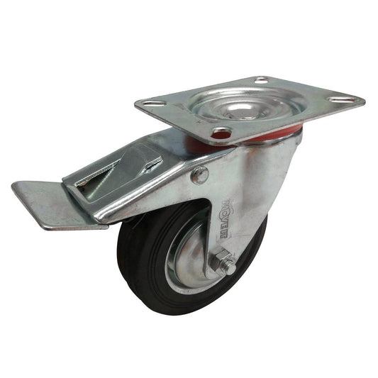 Move It 100mm Black Rubber Swivel Plate Castor with Brake 70kg - Auzzistore