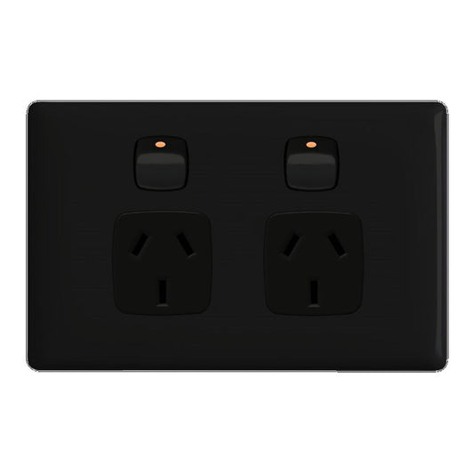 HPM Linea Double Powerpoint - Gloss Black 10A Plastic Low Profile - Auzzistore