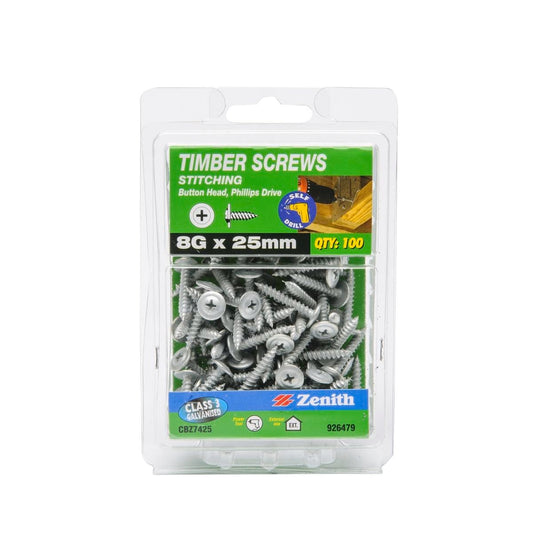 Zenith Timber Screws 8g x 25mm Galvanised Button Head 100 Pack - Auzzistore