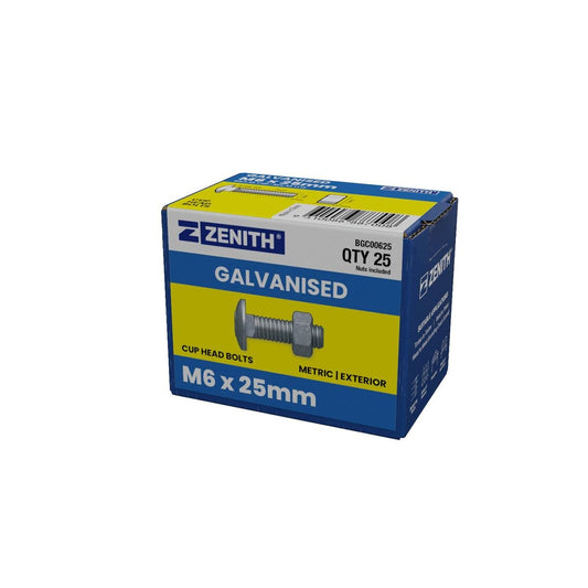 Zenith M6 x 25mm Hot Dip Galvanised Cup Head Bolts Nuts 25 Pack - Auzzistore