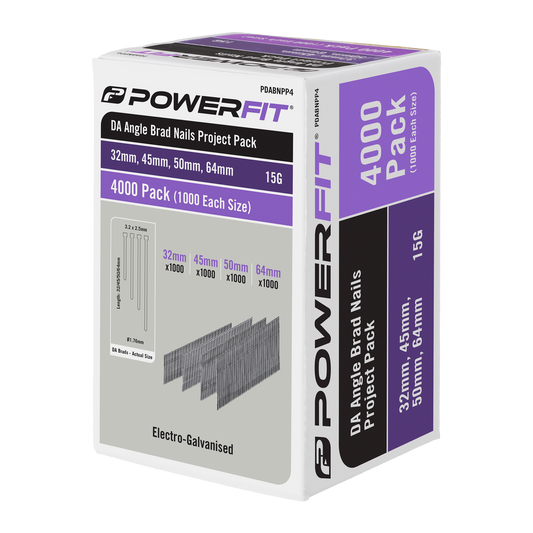 Powerfit 4000 Piece Electro Galvanised DA Angled Brad Nail Pack - 32mm, 45mm, 50mm, 64mm - Corrosion Resistant - Auzzistore