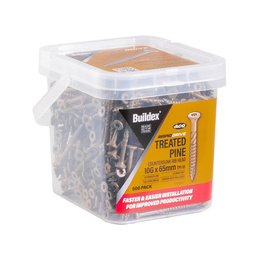 Buildex Rapiddrive Treated Pine Screws 10g x 65mm Box of 500 - Fast Installation - Climacoat Finish - Auzzistore