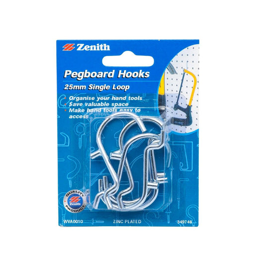 Zenith Pegboard Hook - 25mm - 6 Pack - Zinc Plated - Heavy Duty