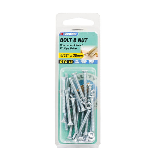 Zenith Countersunk Bolt and Nut 5/32 x 38mm Zinc Plated 18 Pack - Auzzistore