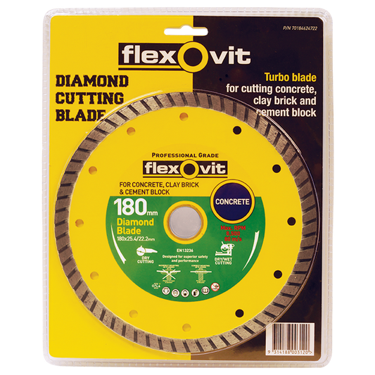 Flexovit Turbo Diamond Blade 180mm 2.6mm Fast Cutting Wet Dry Use - Auzzistore